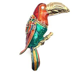 Don-Lin colorful enamel + brass parrot McCaw bird pin brooch, signed